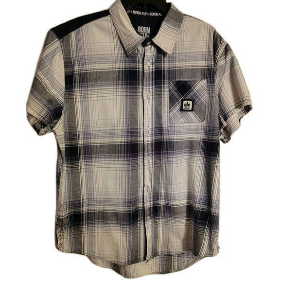 Born Fly Men's Size 2XL Button Fray Short Sleeve Pocket Stay Fly Embroidered - Picture 1 of 10